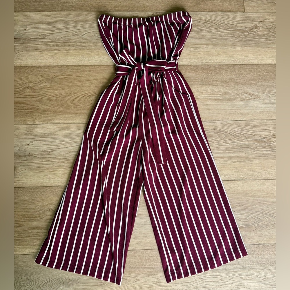 Burgundy and White Striped Jumpsuit